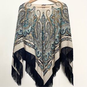 Chico's Women's Poncho Top Fringe Paisley Print Ivory Blue Classic Elegant OS